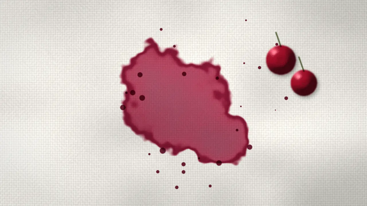 Beyaz kumaşta koyu kırmızı mor vişne suyu lekesi ve damlaları illüstrasyonu